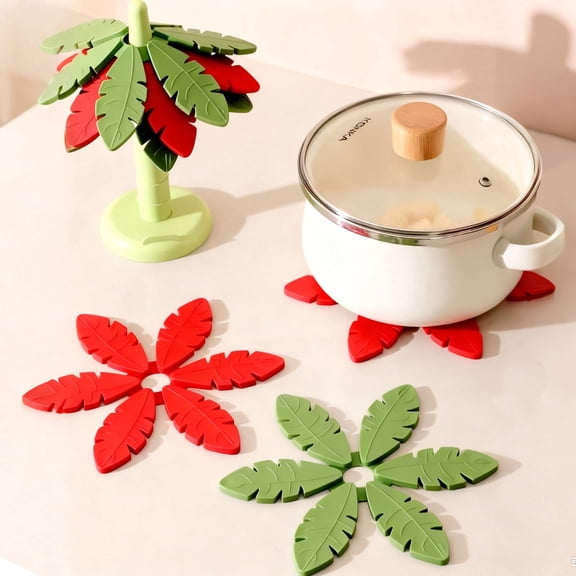 Coconut Tree Leaves Design Coaster, 4 TPR Trivets& 1 Stand,Heat-Resistant Coaster, Dinner Table Placemat with Stand, Decorative Coaster for Home Kitchen/Dining/Room
