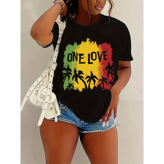 Coconut Tree Print Crew Neck T-Shirt, Casual Short Sleeve T-Shirt For Spring & Summer, Women's Clothing