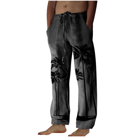 Coconut Tree Print Lounge Pants for Men Casual Baggy Breathable Pajamas Pants Vintage Drawstring Beach Pants with Pockets