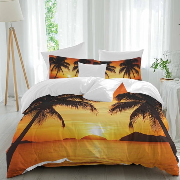 Coconut Tree Queen Size Comforter Set, Beach Ocean Summer Sunset Modern Bedding for All Seasons, 4 Pcs Bed Set, 1Quiltcover (90"x92") ,1Sheet(94"x116"), 2Pillowcases (30"x20")