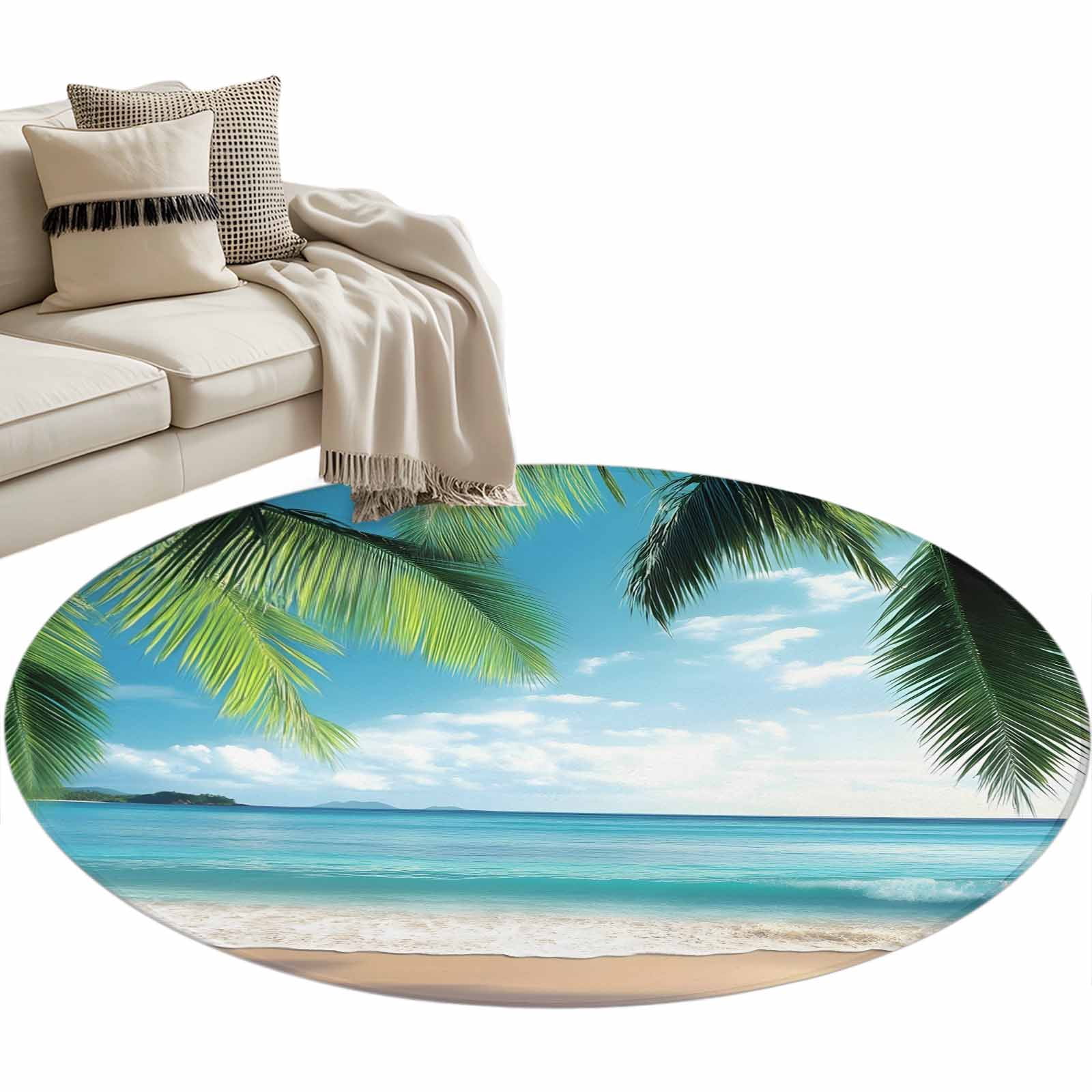 Coconut Tree Round Area Rug 3ft Beach Blue Sky Sea Non-Slip Washable ...