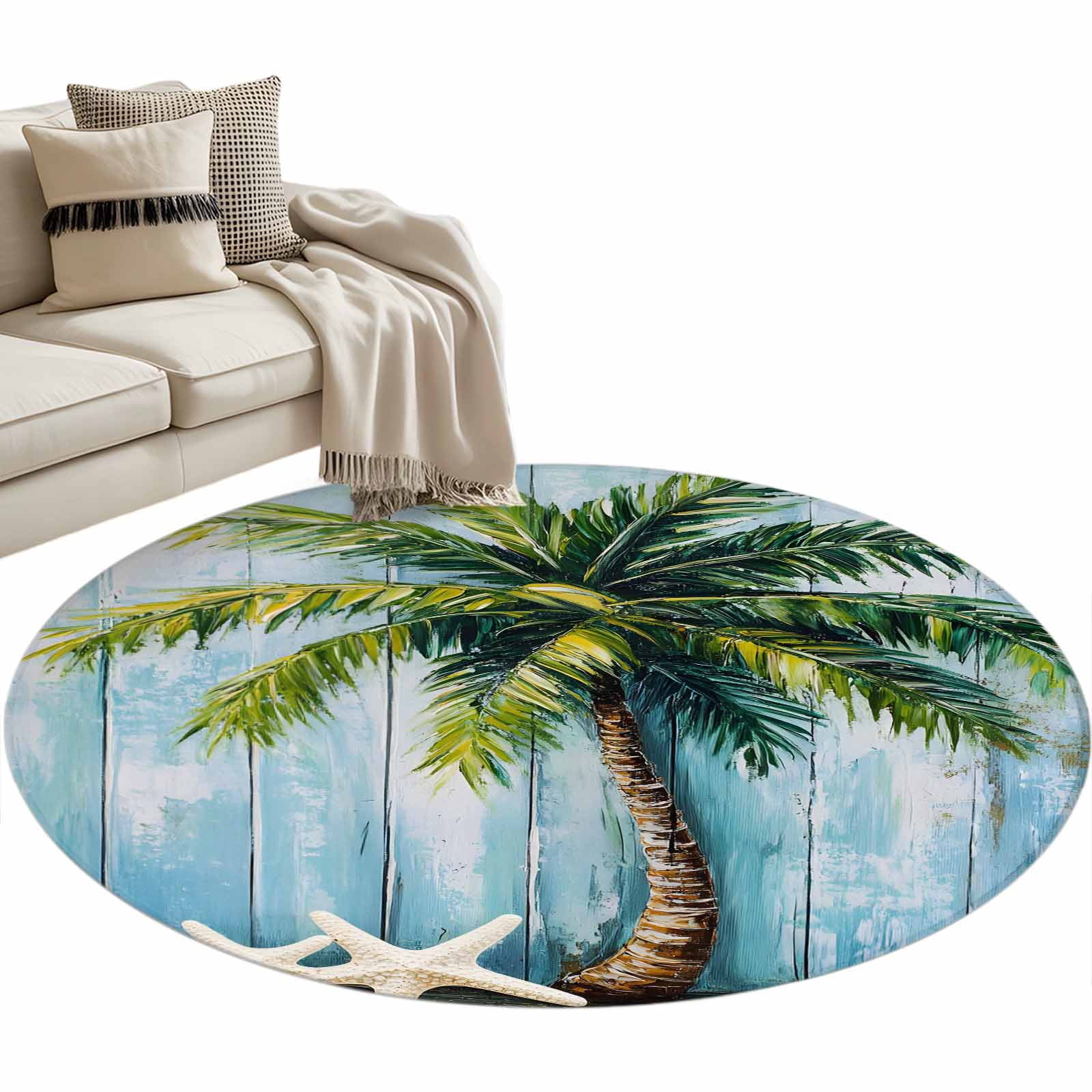 Coconut Tree Round Area Rug 3ft Nautical Blue Wood Grain Non-Slip ...