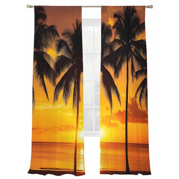 Coconut Tree Sheer Curtains 108 Inch Long 2 Panels, Summer Beach Ocean Sunset Modern Light Filtering Rod Pocket Curtains, Sheer Voile Drapes for Living Room Bedroom, 52"x108"