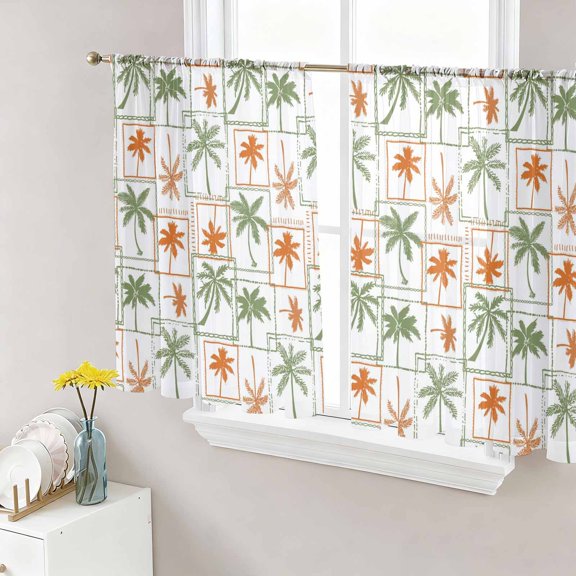 Coconut Tree Sheer Curtains for Living Room Bedroom, Tropical Plant Summer Grid Green Orange Light Filtering Sheer Curtain Rod Pocket Voile Window Treaments Drapes, 52 x 54 Inches