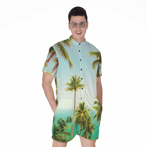 Coconut Tree Short Sleeve Men'S Rompers, Coconut Fruits Tropical Hawaiian Casual Summer Jumpsuits Outfit