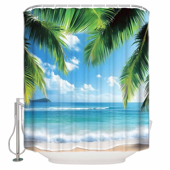 Coconut Tree Shower Curtain, 72" x 72", Tropical Beach Sky Sea Summer Scenery Waterproof Bathroom Curtain Washable Shower Curtain Set with 12 Hooks