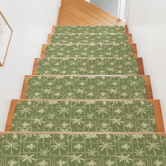 Coconut Tree Stair Treads Non Slip for Steps Tropical Plant Summer Grid Green 7 Pcs Reusable Adhesive Stair Runner Mats for Dogs Elders Carpet Treads Rugs for Staircase 8x30 In