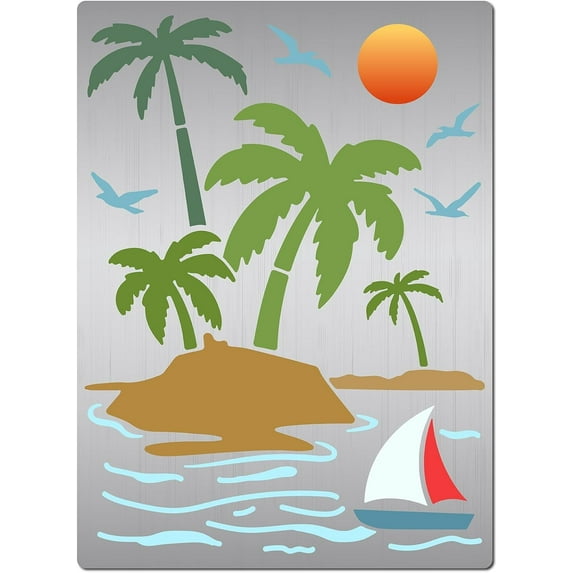 Coconut Tree Stencil Metal Summer Beach Sailboat Sun Geese Palms Painting Stencils Stainless Steel Template for Painting on Wood Wall Fabric Canvas Home Decor Art DIY Crafts 7.5x5.5inch