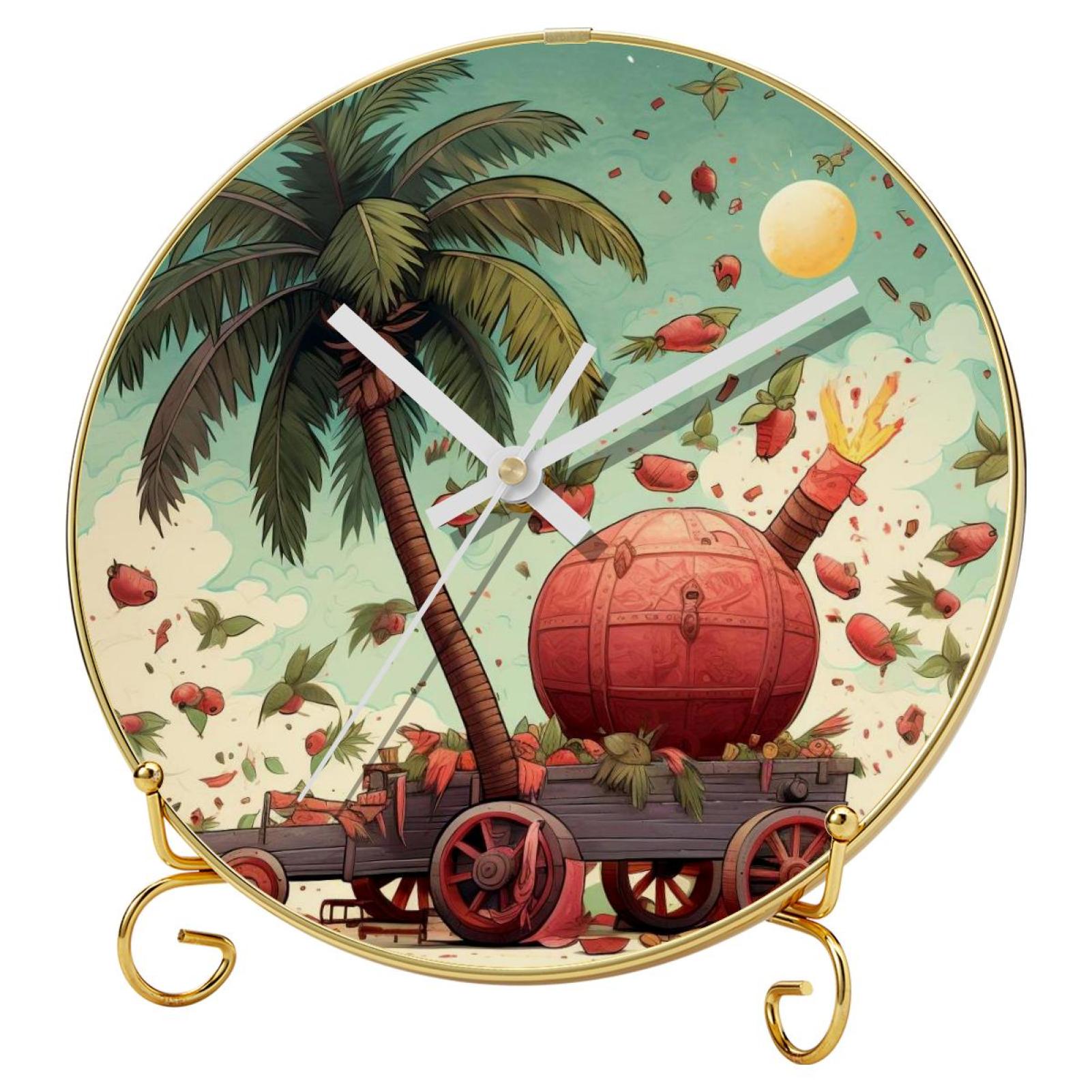 Coconut Tree & Stupid Cannon Round Wall Clocks with Hooks and Gold