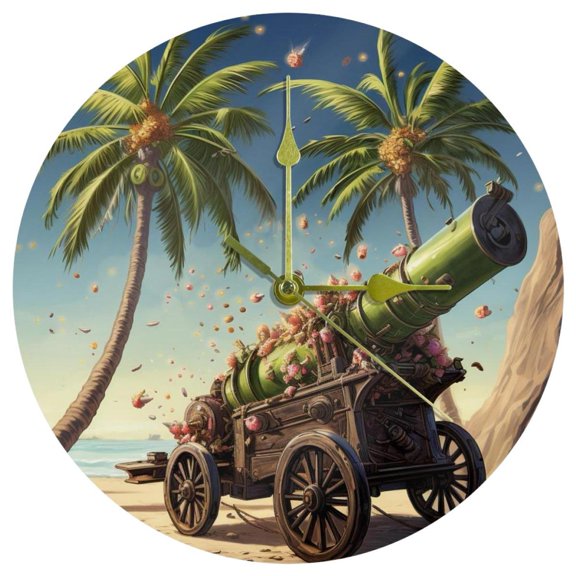 Coconut Tree & Stupid Cannon Stylish Acrylic Circular Wall Clock - Modern Design for Home and Office