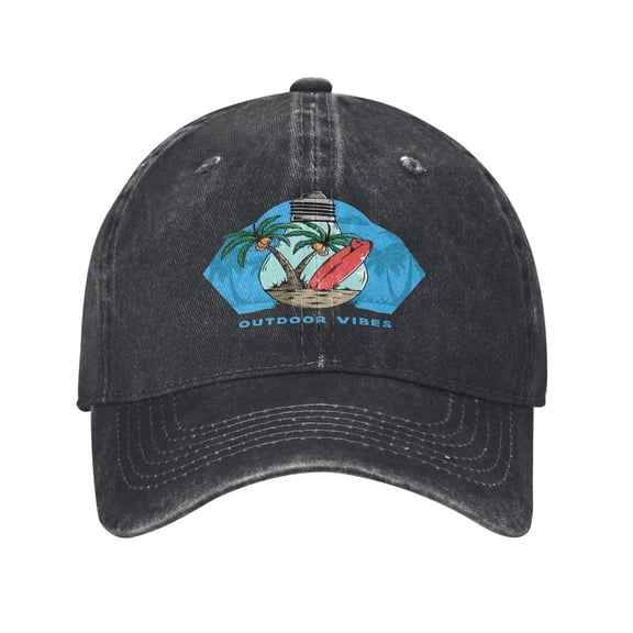 Coconut Tree And Surfing Board In Bulb Lamp Baseball Cap Golf Dad Hat Adjustable Washed Denim Trucker Hats Unconstructed Snapback Cap for Men Women Unisex Adult,Black