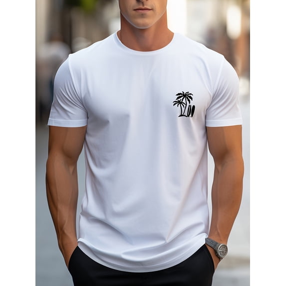 Coconut Tree & Surfing Board Print T-shirt, Stylish & Breathable Street Fashion For Men, Simple Comfy Top, Casual Crew Neck Short Sleeve T-shirt For Summer