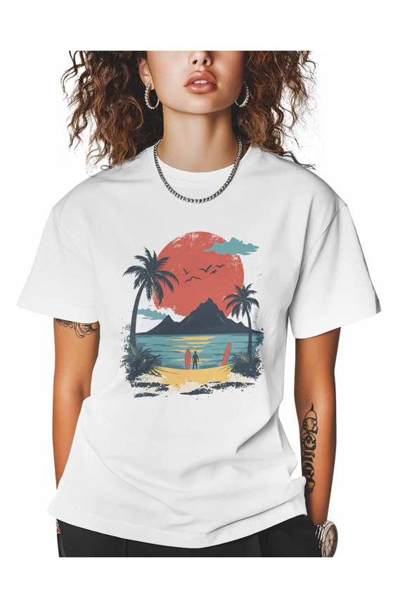 Coconut Tree T Shirts for Women Short Sleeve Cotton Crewneck T-Shirt Sunset Beach Ocean One Person Tee Tops Casual Basic T-Shirts, XS-5XL White XS