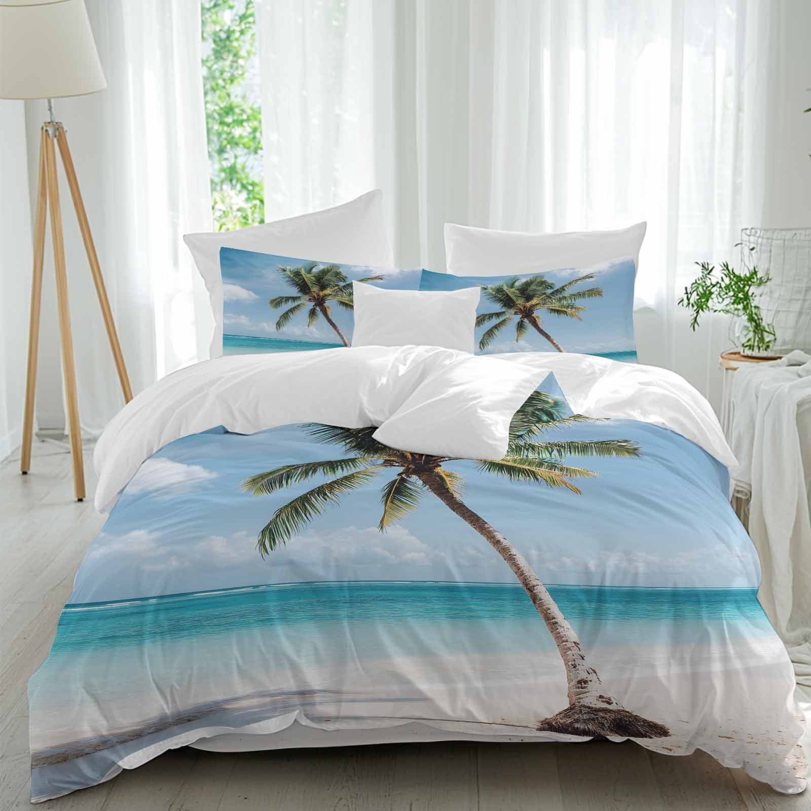 Coconut Tree Twin Duvet Cover Set, Ocean Beach Blue Sky Sea 4 Piece ...