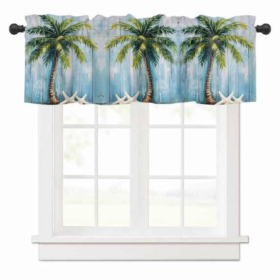 Coconut Tree Valances for Windows Nautical Blue Wood Grain Rod Pocket Curtain Valance Window Treatment Short Curtains for Kitchen Living Room, 42"x12"