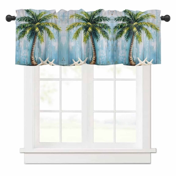 Coconut Tree Valances for Windows Nautical Blue Wood Grain Rod Pocket Curtain Valance Window Treatment Short Curtains for Kitchen Living Room, 42"x12"