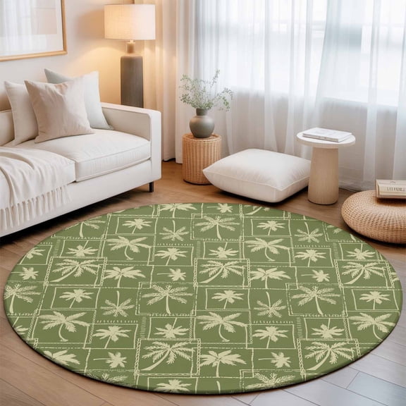 Coconut Tree Washable Round Area Rug 3 ft, Tropical Plant Summer Grid Green, Soft Non Slip Rugs Stain Repellent Indoor Felt Carpet for Living Dining Room Bedroom Home Office
