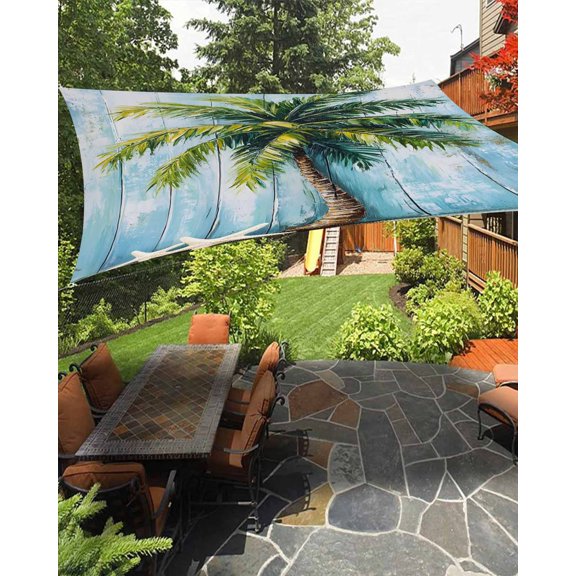 Coconut Tree Waterproof Sun Shade Sail Nautical Blue Wood Grain Starfish Vintage Outdoor Patio Sun Shades Canopy UV Block Waterproof Sunshade for Garden Backyard Deck Pergola 6.5x10 Ft
