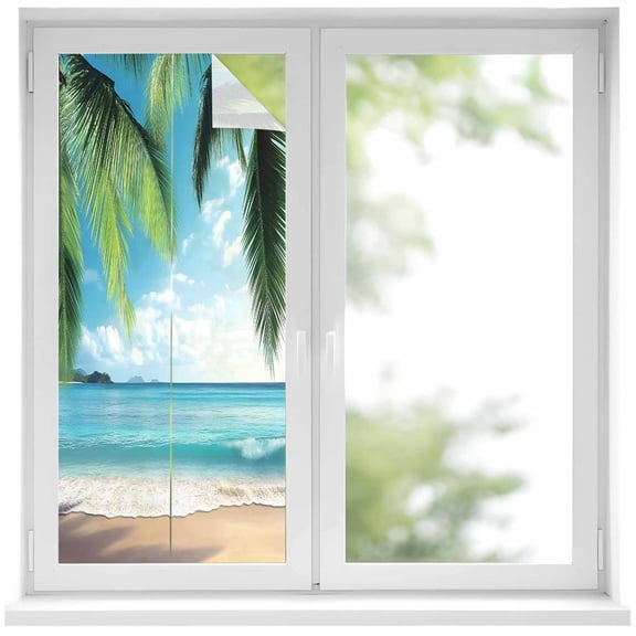 Coconut Tree Window Privacy Film Beach Blue Sky Sea Summer Scenery Tropical Decorative Glass Window Film UV Blocking Static Cling Non-Adhesive Sticker Covering for Home Door 19.6 x 39.3 inches