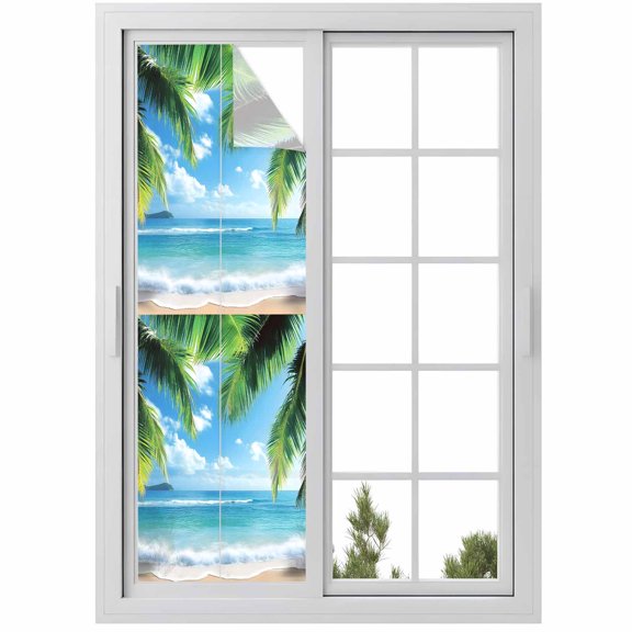Coconut Tree Window Privacy Film Tropical Beach Sky Sea Summer Scenery Decorative Glass Window Film UV Blocking Static Cling Non-Adhesive Sticker Covering for Home Door 17.7 x 78.7 inches
