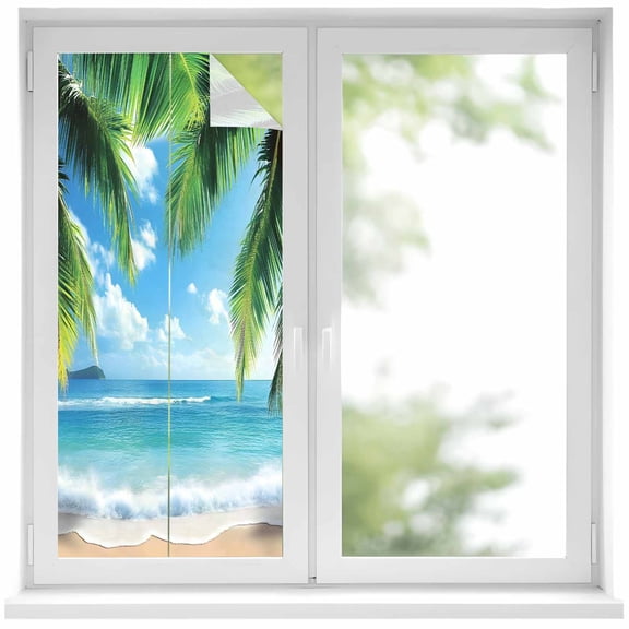 Coconut Tree Window Privacy Film Tropical Beach Sky Sea Summer Scenery Decorative Glass Window Film UV Blocking Static Cling Non-Adhesive Sticker Covering for Home Door 19.6 x 39.3 inches
