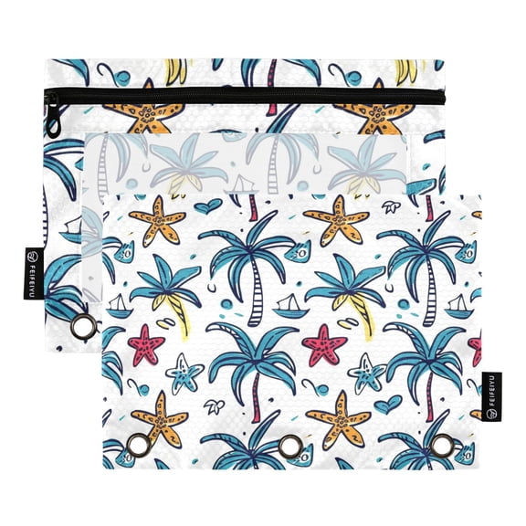 Coconut Tree and Starfish 2 Pack Pencil Pouch for 3 Ring Binder Smooth Zipper Folders with Pockets Clear Window Pencil Case