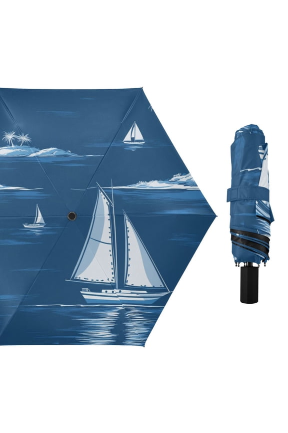 Coconut Trees Boats in Sea All Weather Umbrella Triple Folding Parasol 6 Ribs UV Protection Portable