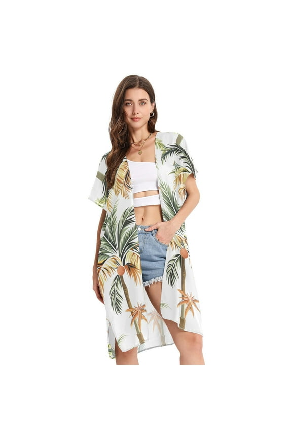 Coconut Trees Full Women Swimsuit Cover up V Neck Beach Dress Short Sleeve Vacation Outfits Swimwear