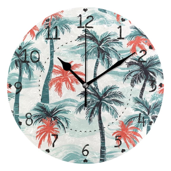 Coconut Trees Round Wall Clock Silent Battery Operated Home Decor for Living Room Bedroom