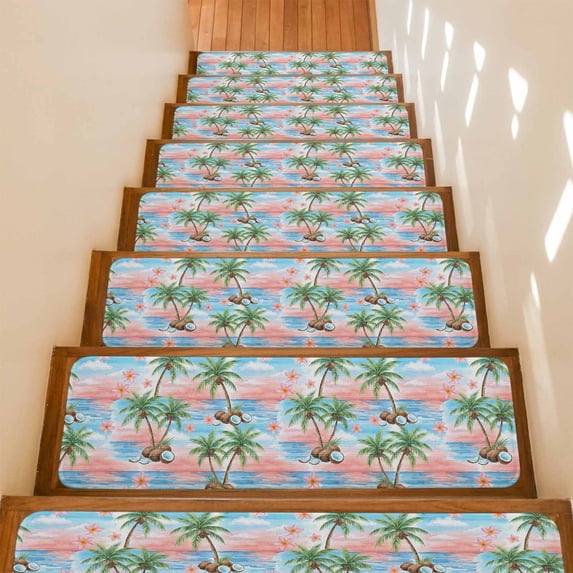 Coconut Trees Stair Treads Non Slip for Steps Tropical Palm Tree Pink Flower Sky Background Coastal 10 Pcs Reusable Adhesive Stair Runner Mats for Dogs Elders Carpet Treads Rugs for Staircase 8x30 In