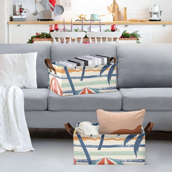 Coconut Trees Summer Umbrellas Storage Bins with Handles Foldable Storage Baskets for Shelves Organizer Cloth Baskets