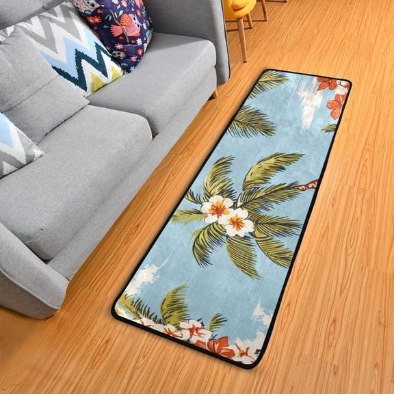 Coconut Trees Waves Flowers Retro Hawaii Long Floor Mat Runner Rug Area Mat Noise Reduction Water Absorbent Non-Slip 72" x 24"