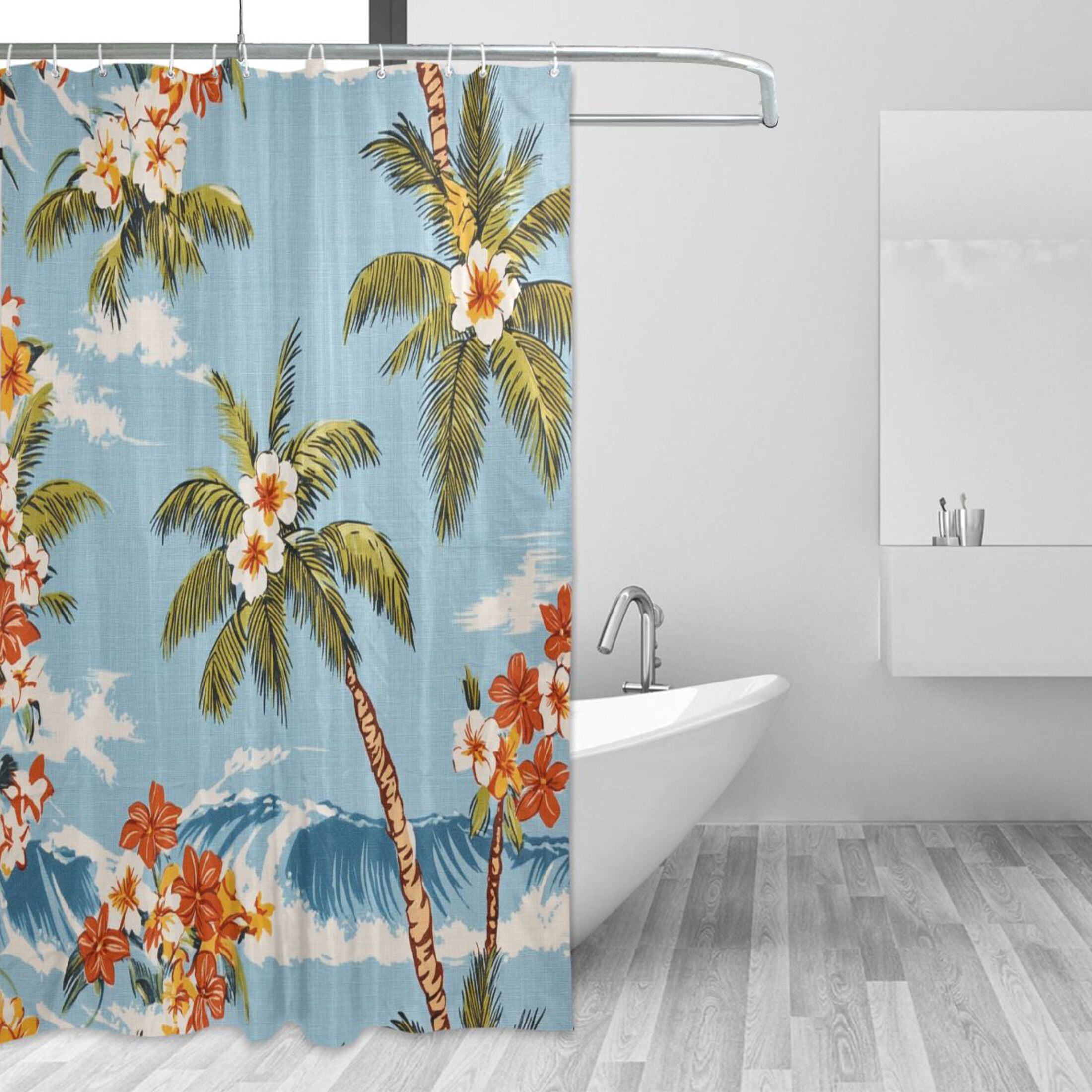 Coconut Trees Waves Flowers Retro Hawaii Shower Curtains with 12 Hooks