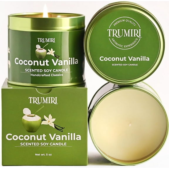 Coconut Vanilla - Summer Candles for Home Scented - Velas Aromáticas para el Hogar - 5 oz Soy Wax - Natural Clean Organic Non Toxic - for Aromatherapy Meditation Gift - Long Lasting - Heavily Scented