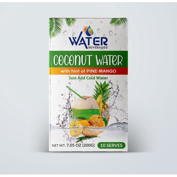 Water Beverages Inc Coconut Water Powder Premix Pineapple Mango Gluten-Free Caffeine-Free Instant 10 Stick Packs 0.70 oz