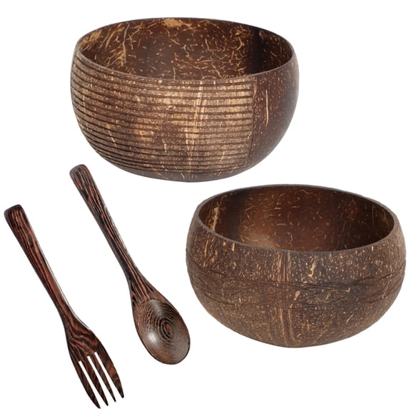 Coconut Wooden Salad Bowl Sets With Utensils,Round Coconut Shell Bowls-Outfit