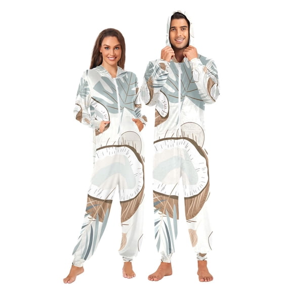 Coconut and Leaves Adult Onesie Pajamas Slim Fit Christmas One Piece Suit Pjs for Women and Men Hooded Zipper