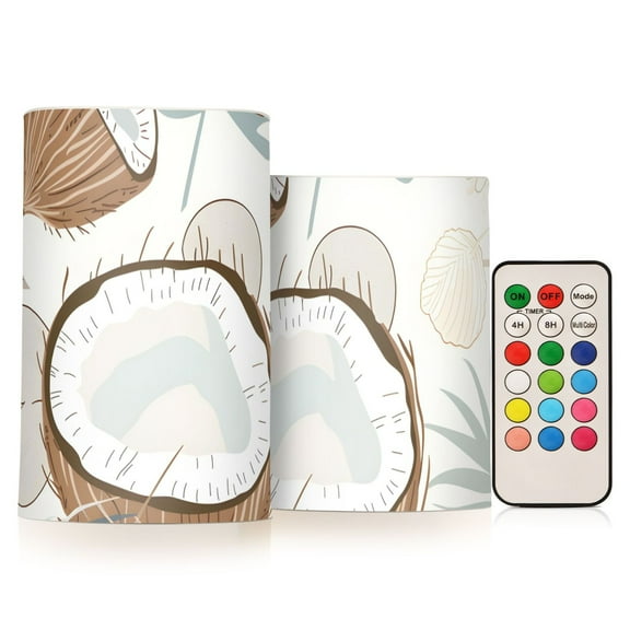 Coconut and Leaves Flameless CandlesLED Lights Battery Operated Candles with Remote and Timers Flicker Lights Votive Set of 2