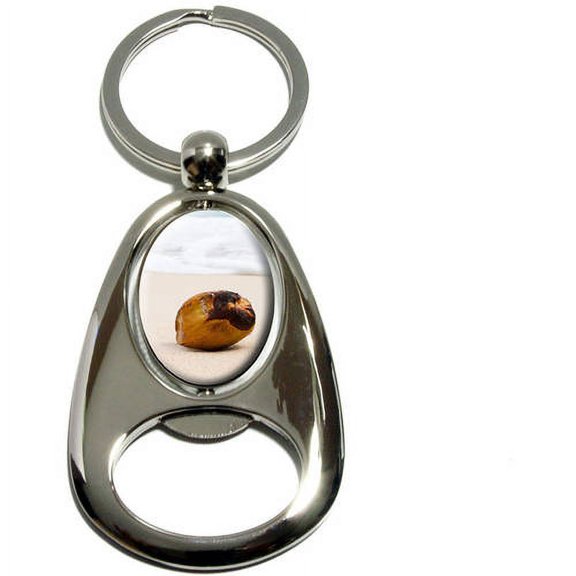 Coconut on Beach, Tropical Deserted Island, Chrome Plated Metal Spinning Oval Design Bottle Opener Keychain Key Ring