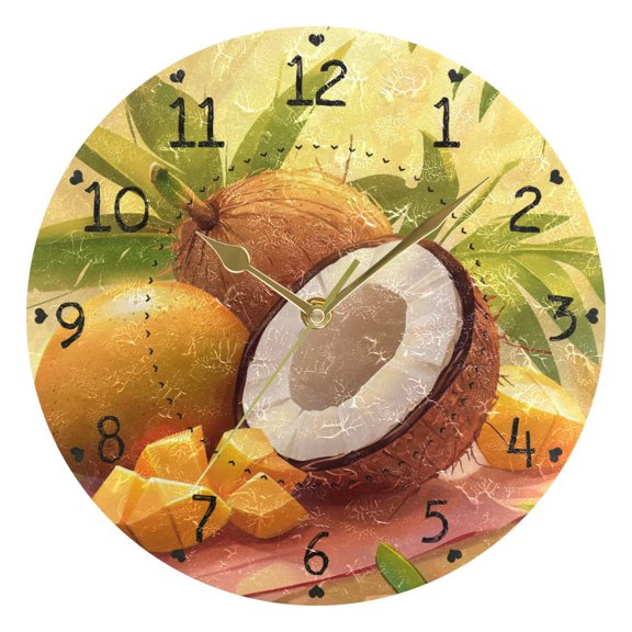 Coconuts Mangos Leaves Cartoon Round Wall Clock Silent Analog Battery Operated Gold Pointer Home Decor 9.84" Diameter