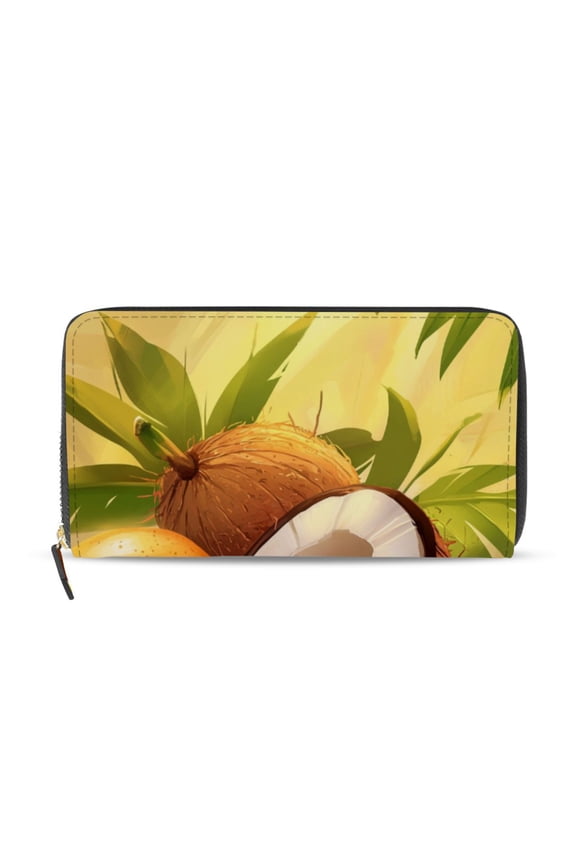 Coconuts Mangos Leaves Cartoon Women's Long Zipper Wallet Bifold Clutch Purse PU Leather Card Cases