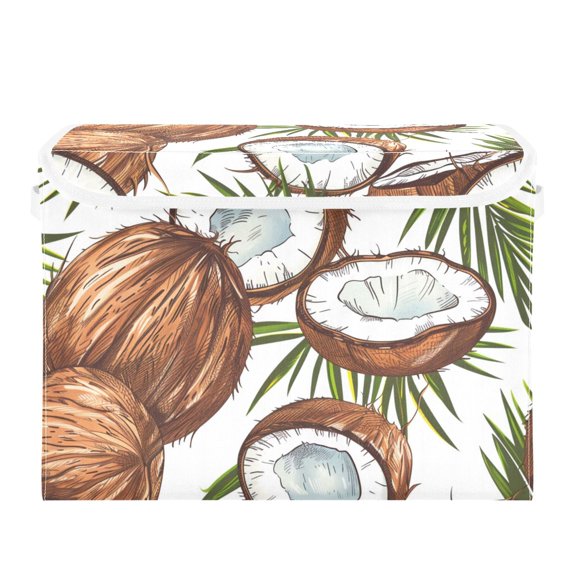 Coconuts Palm Leaves Cartoon Foldable Storage Bin with Lid and Handle Collapsible Storage Box 16.5 x 12.6 x 11.8 inches