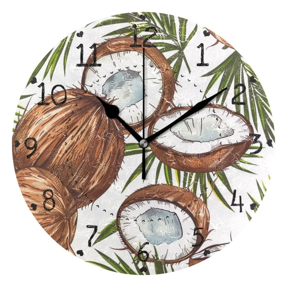 Coconuts Palm Leaves Cartoon Round Wall Clock Silent Analog Battery Operated Black Pointer Home Decor 9.84" Diameter