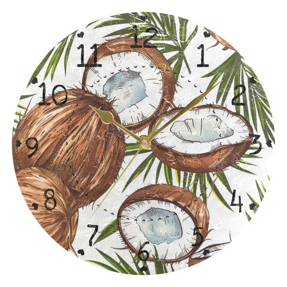 Coconuts Palm Leaves Cartoon Round Wall Clock Silent Analog Battery Operated Gold Pointer Home Decor 9.84" Diameter
