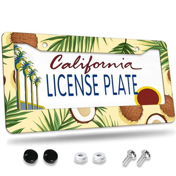 Coconuts and Palm Leaves Designs Aluminum License Plate Frame, License Plate Cover for Car Decorative Parts, Rust-Proof Weather-Proof Suitable for All Vehicles 12 "X 6"