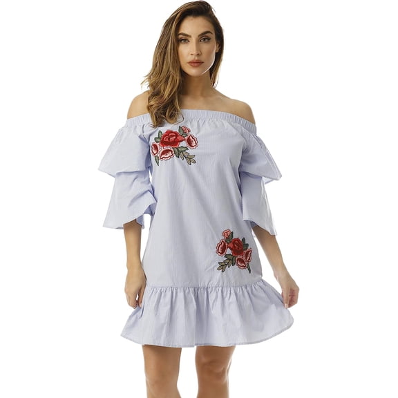 Cocoom Bell Sleeve Dress with Floral Embroidery 401579-BLU-XL (1X, Blue / White)