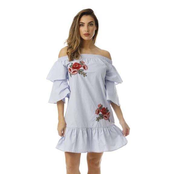 Cocoom Bell Sleeve Dress with Floral Embroidery 401579-BLU-XL (Small, Blue / White)
