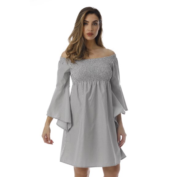 Cocoom Bell Sleeve Dress with Smocking (Black / White, X-large)