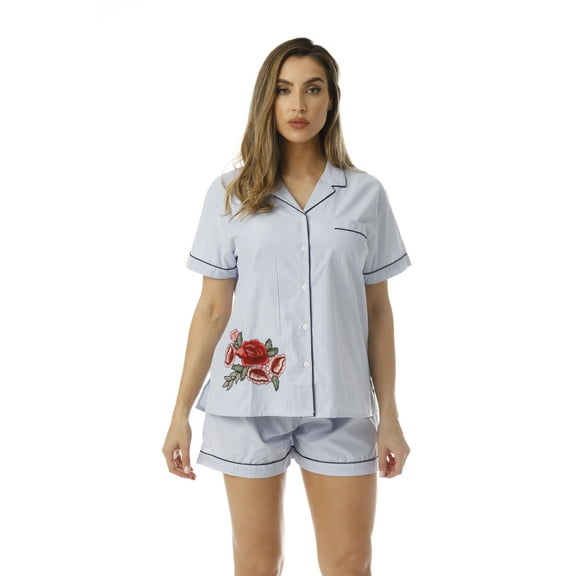 Cocoom Button-Down Pajama Short Set Stylish Sleepwear (Blue / White, Large)