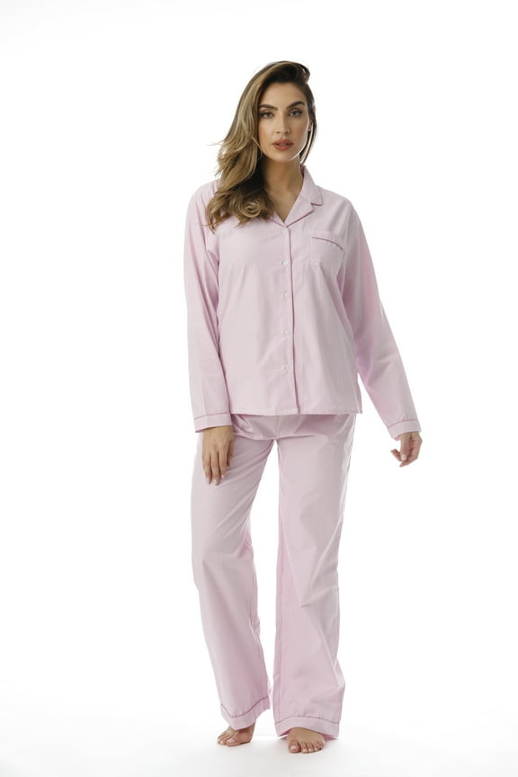 Striped Long Sleeve Pajama Pants Set with Notch Collar (Pink / White, Large)